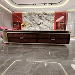 Luxury TV Stand with Rounded Cream Frame Dark Natural Wood Veneer Panels and Stainless Steel Handles
